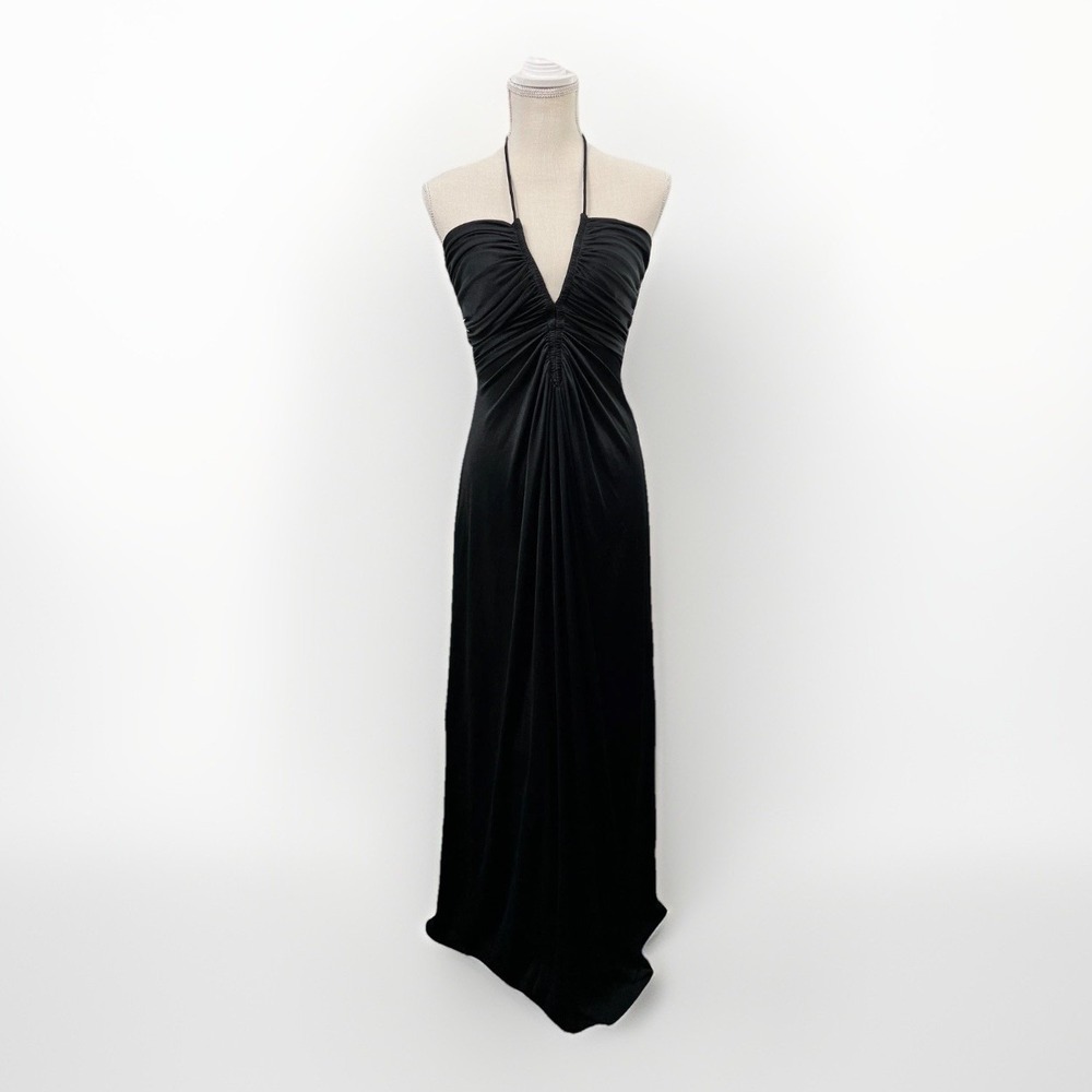 VTG Joy Stevens Dress Women S Black Halter Neck Ruched Plunging V-Neck Maxi Gown